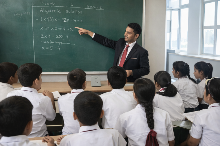 A teacher guiding students during a classroom lesson
