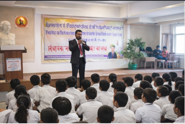 Students gathered for a school assembly address